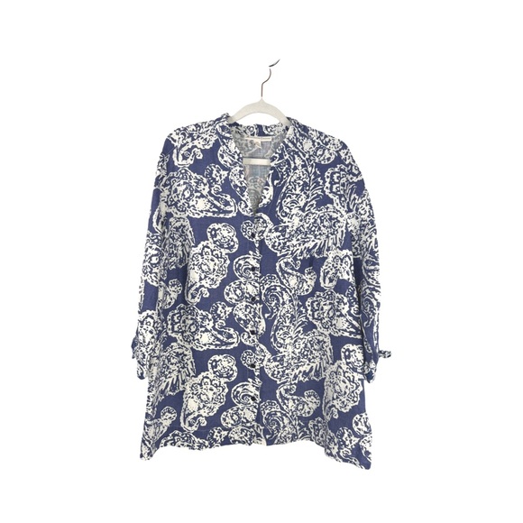 JM Collection Tops - JM Collection 3/4 Sleeve Linen Button Up Tunic Blue & White Paisley SZ 14